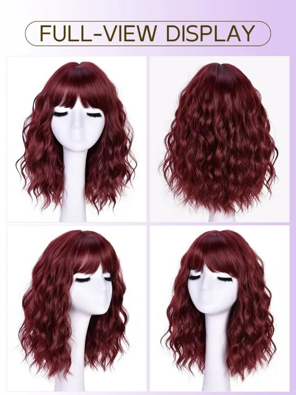 Women's Burgundy 14 Inch Natural Synthetic Short Curly Wavy Fiber Wigs